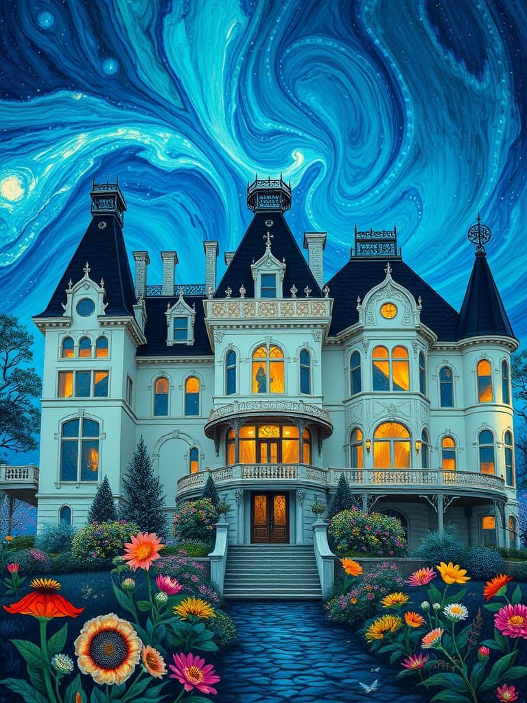 Ivory Victorian Mansion with Aurora Borealis Sky