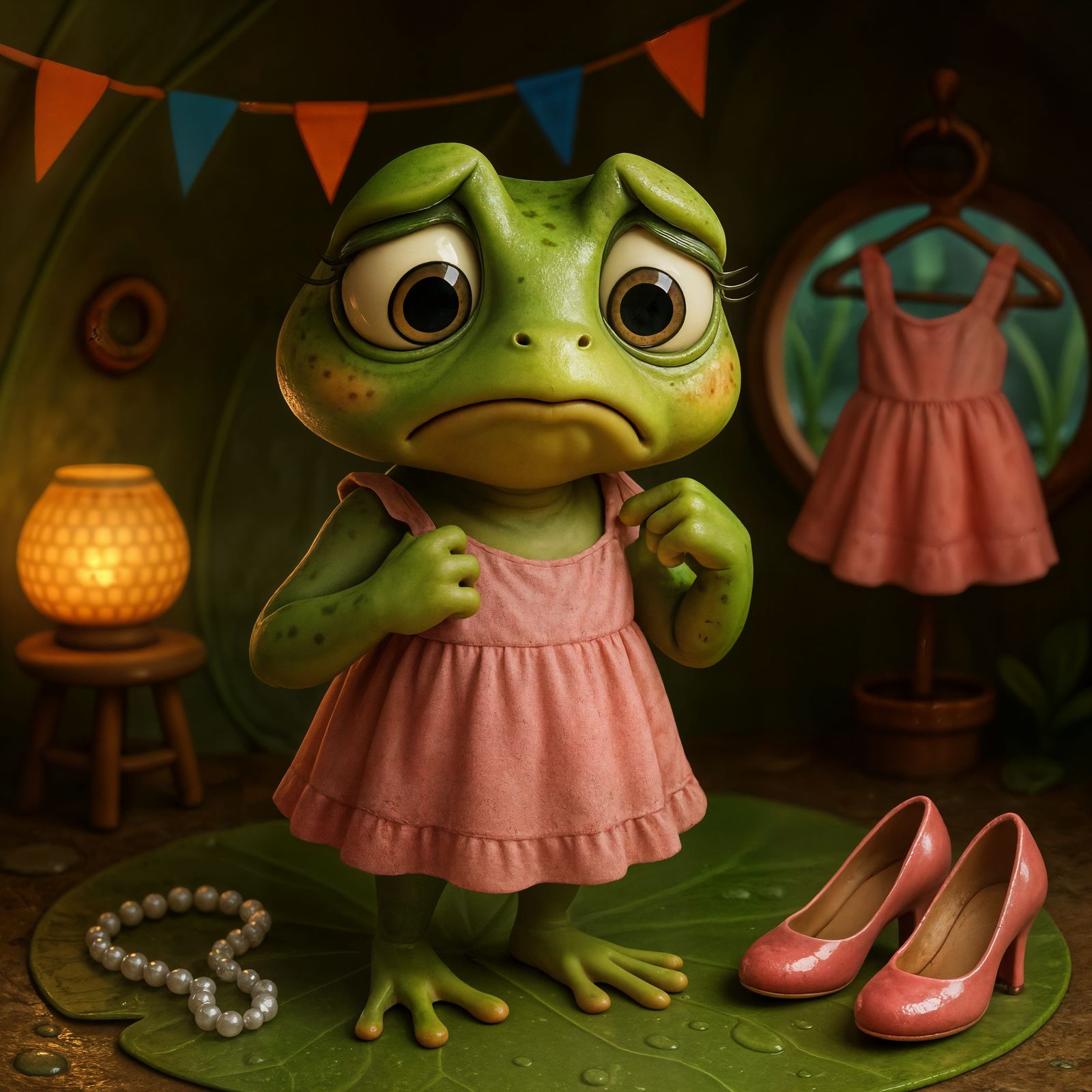 Worried Frog Girl Dressing for Lily Pad Party