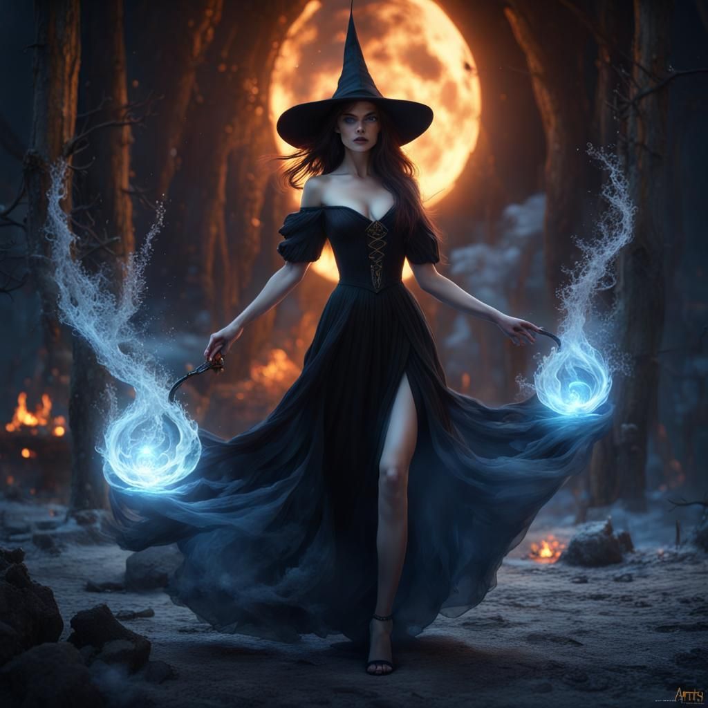 Enchanting Witch with Fire and Ice Powers