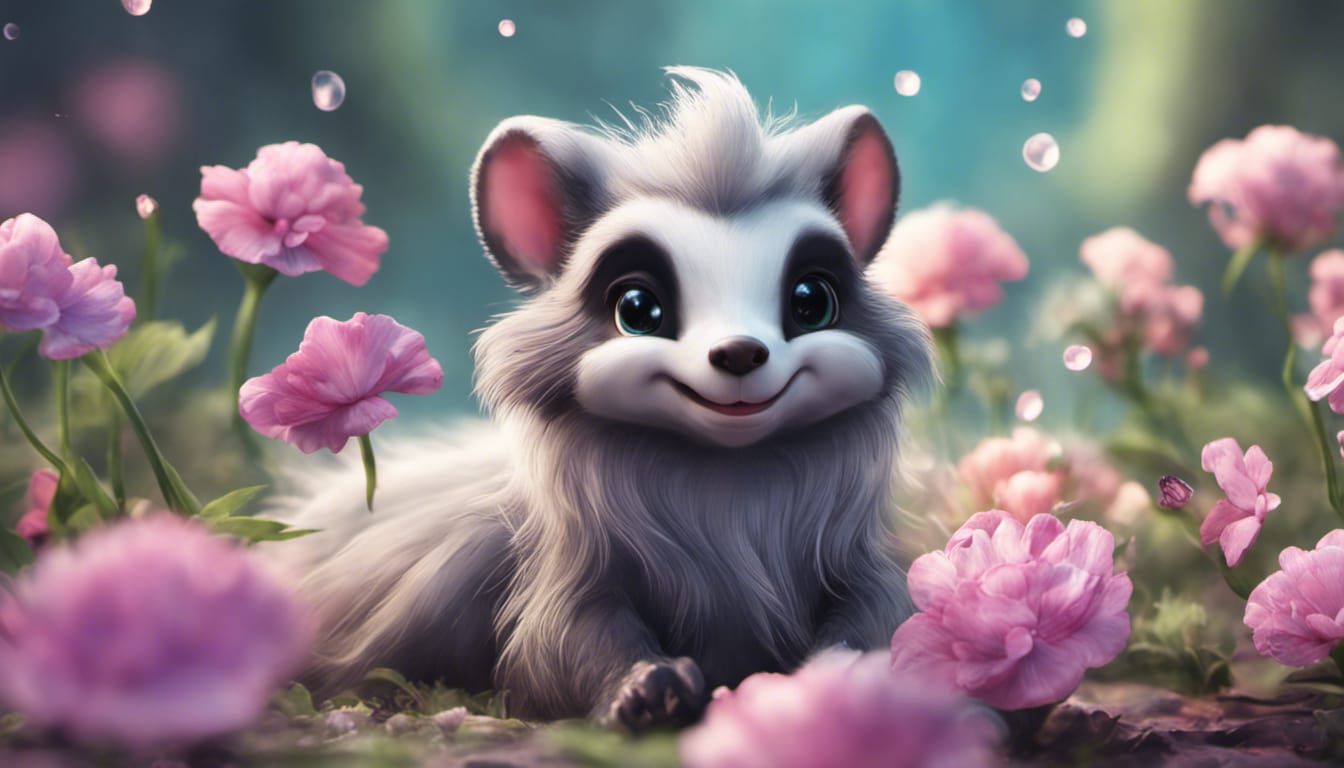 Magical Chibi Skunk with Flowers in Matte Painting Style