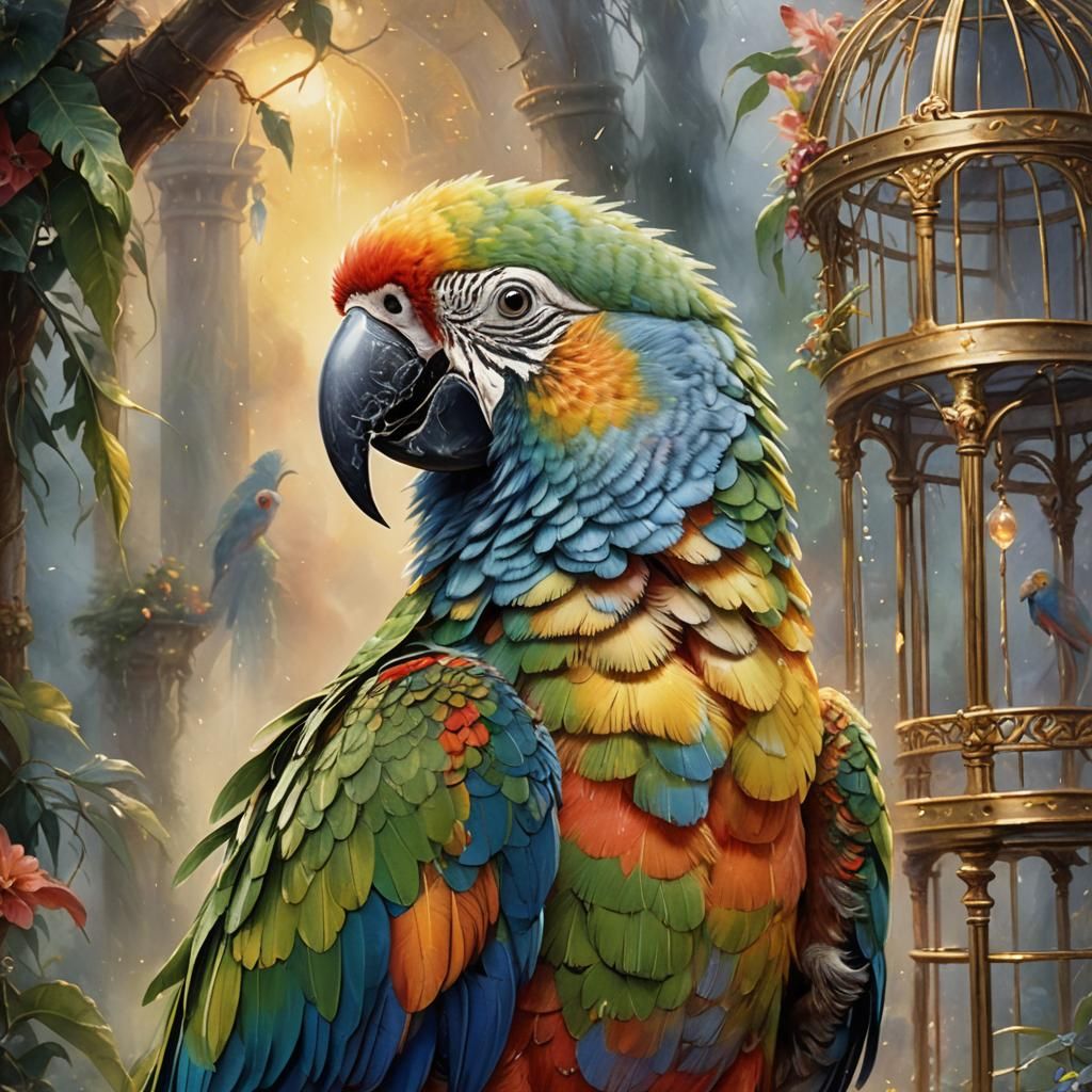 Poignant Parrot Portrait in Ethereal Watercolor Style