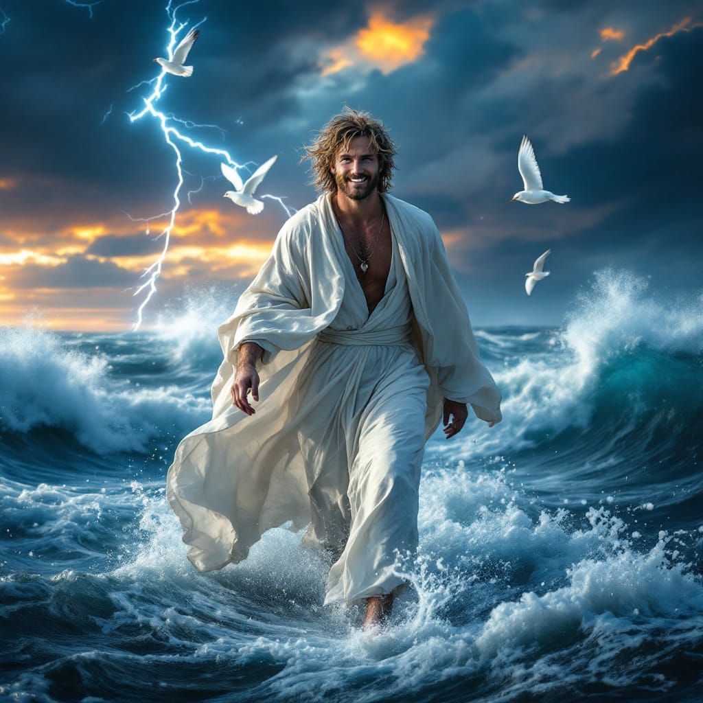 Man Walks on Stormy Seas at Sunrise, Photorealistic