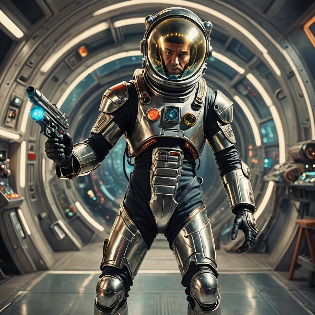 Cinematic still, photo realism, depth of field, bokeh, full body, slim alien space ranger, in head to toe a 1950s atomic...