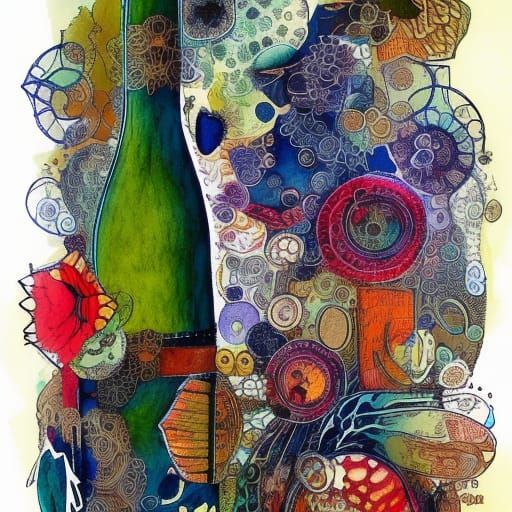 Vine Bottle Collage in Mixed Media