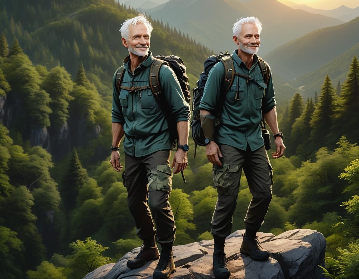 Hiker on Forested Mountain at Sunset