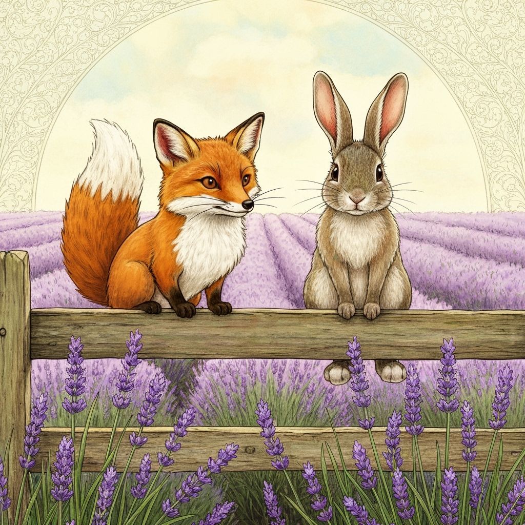 Fox and Rabbit in Lavender Field, Detailed Drawing