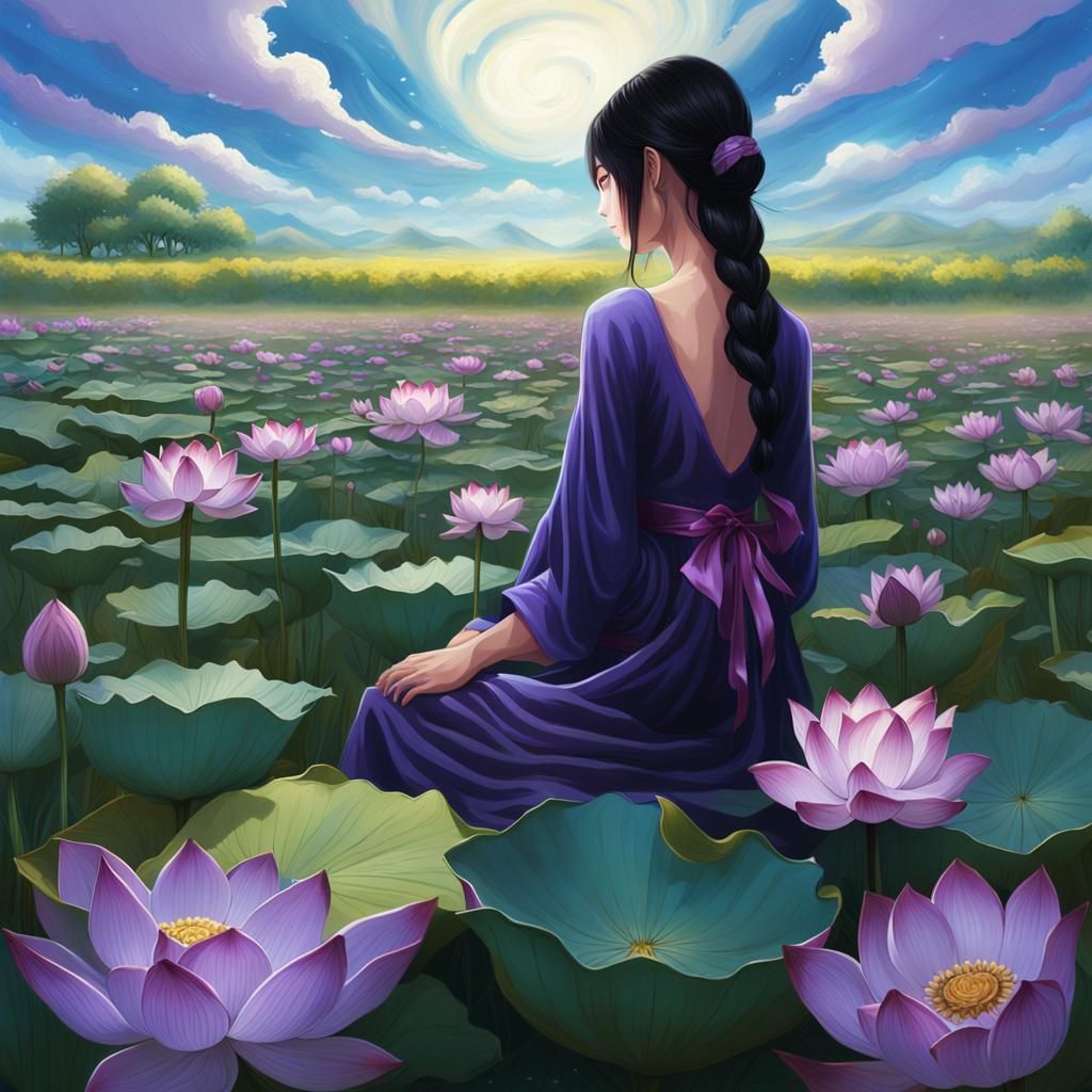 Girl in Lotus Field: Detailed Matte Painting