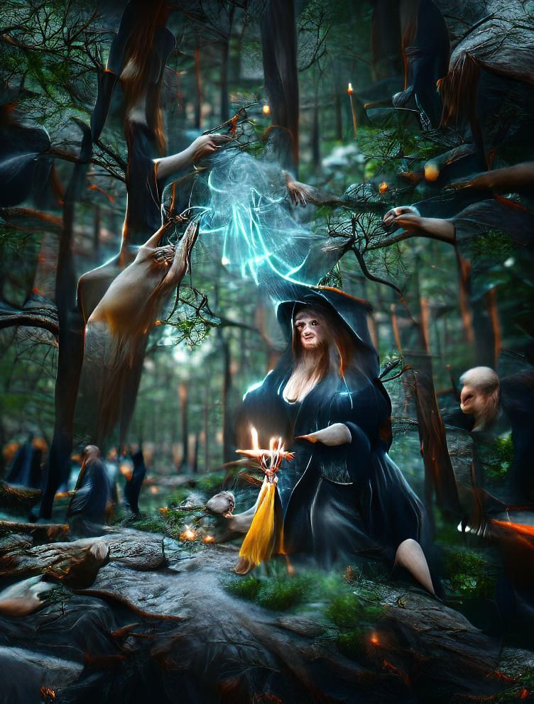 Hyperrealistic Witchcraft Scene in Forest, Digital Illustrat...