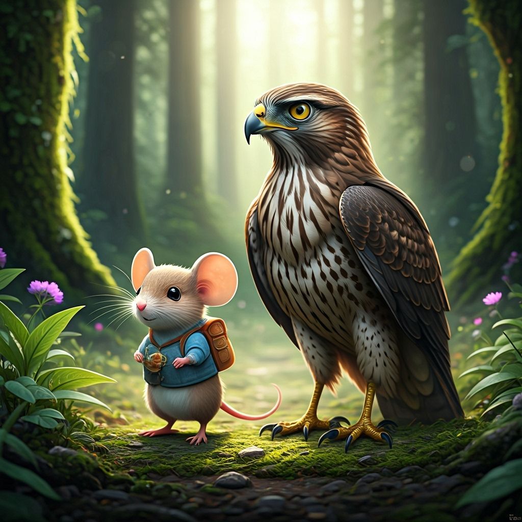 Mouse and Hawk Friends in Lush Forest Morning