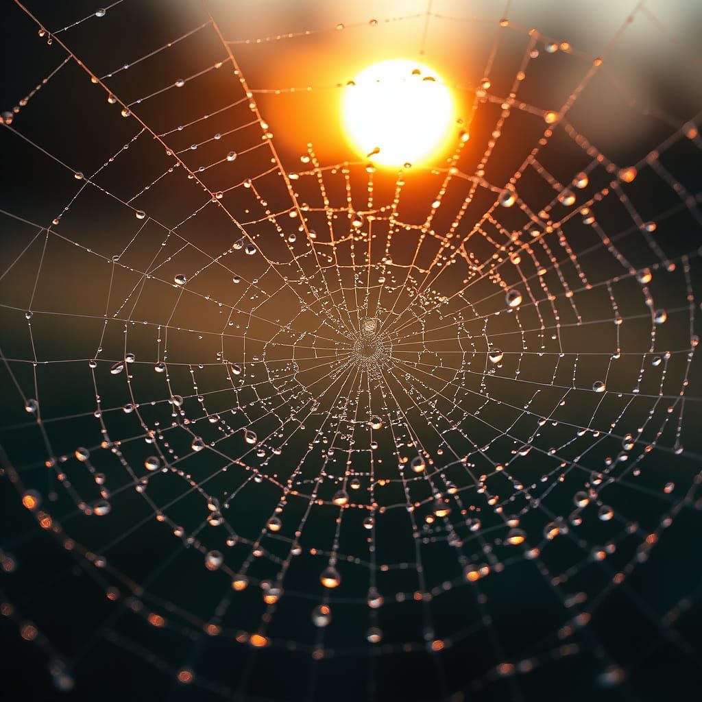 Dew-Covered Spider Web at Sunrise: Hyper-Detailed Macro