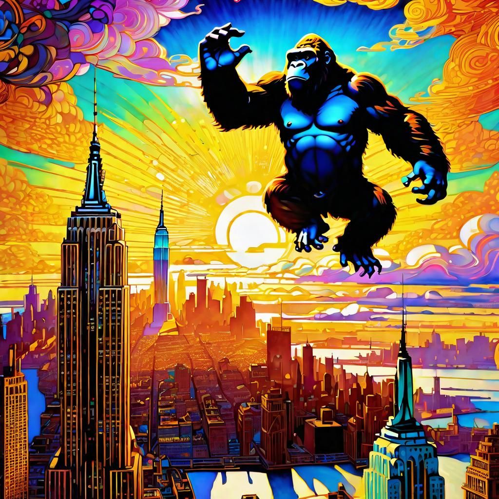 King Kong Climbs Empire State Building in Art Nouveau Style