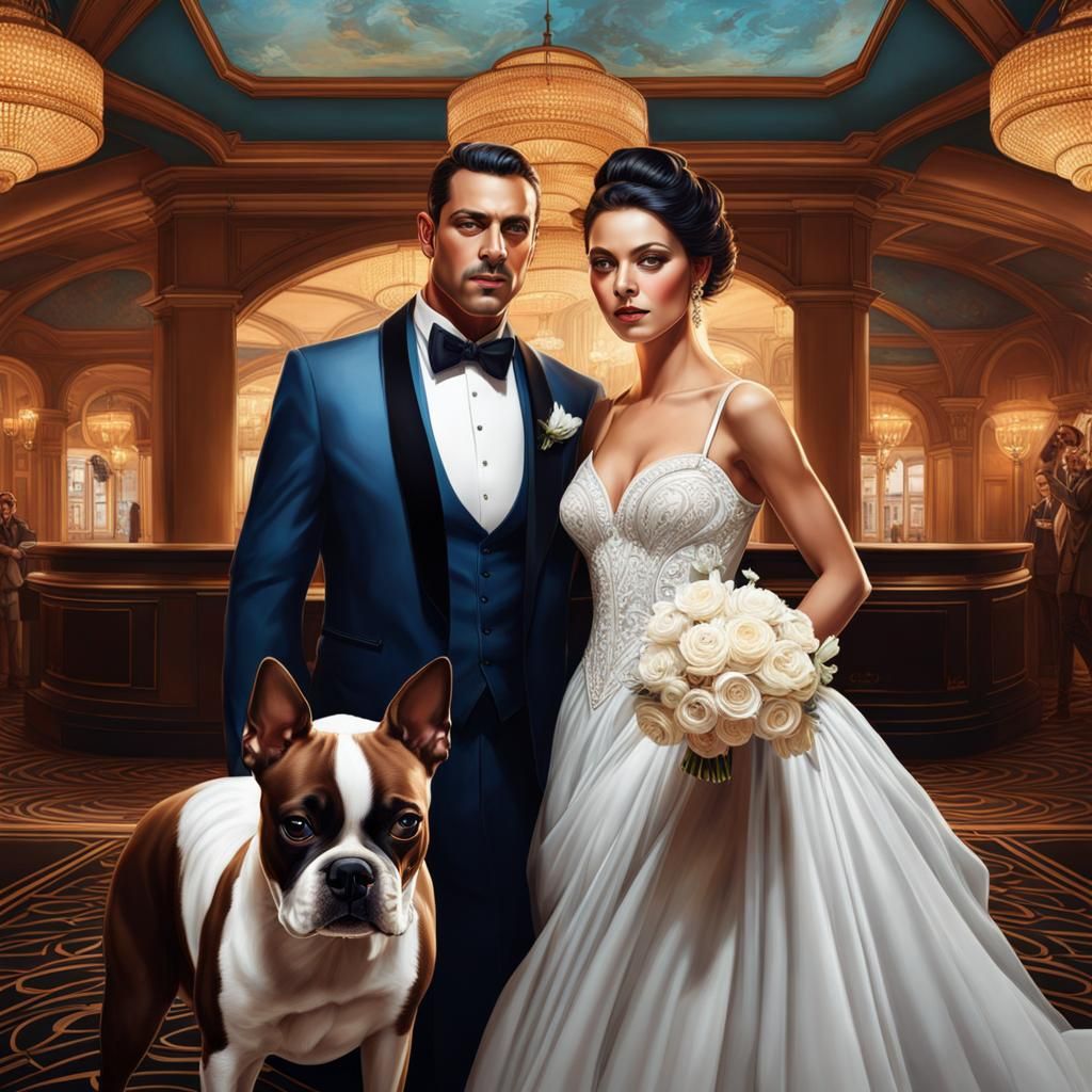 Bride, Groom, and Boston Terriers: Detailed Portrait