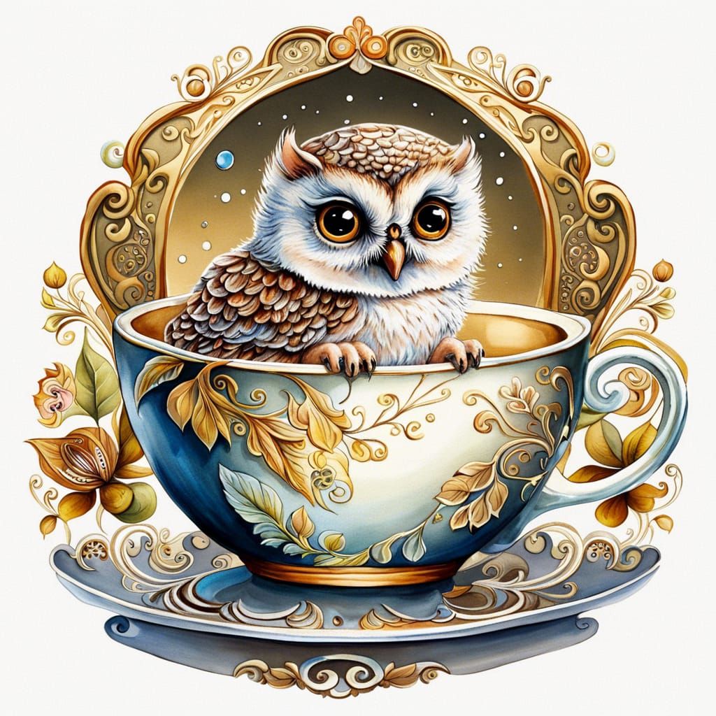 Baby Owl Nestled in Teacup Elegance.