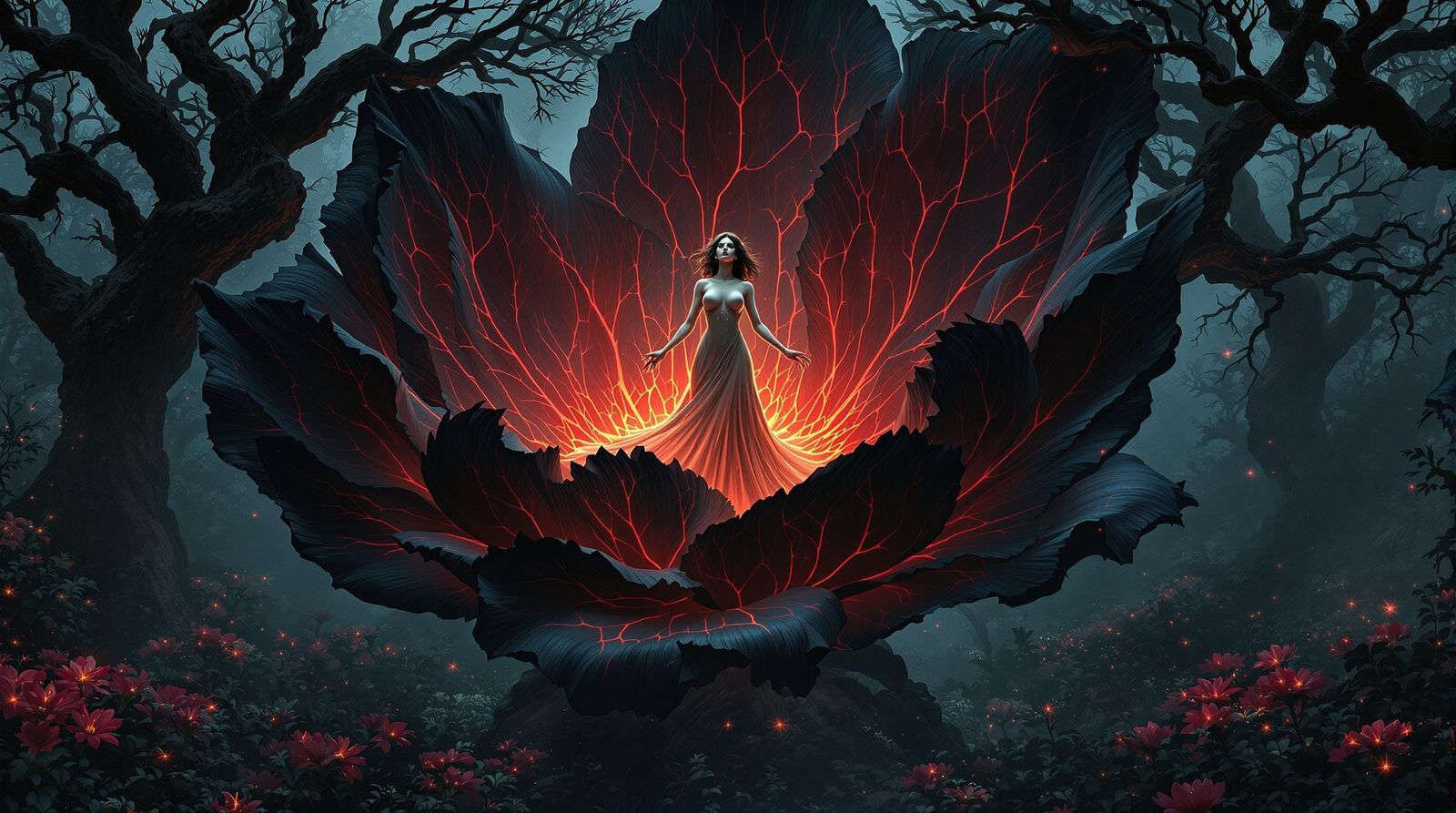 Gothic Goddess Emerges from Enchanted Bloom