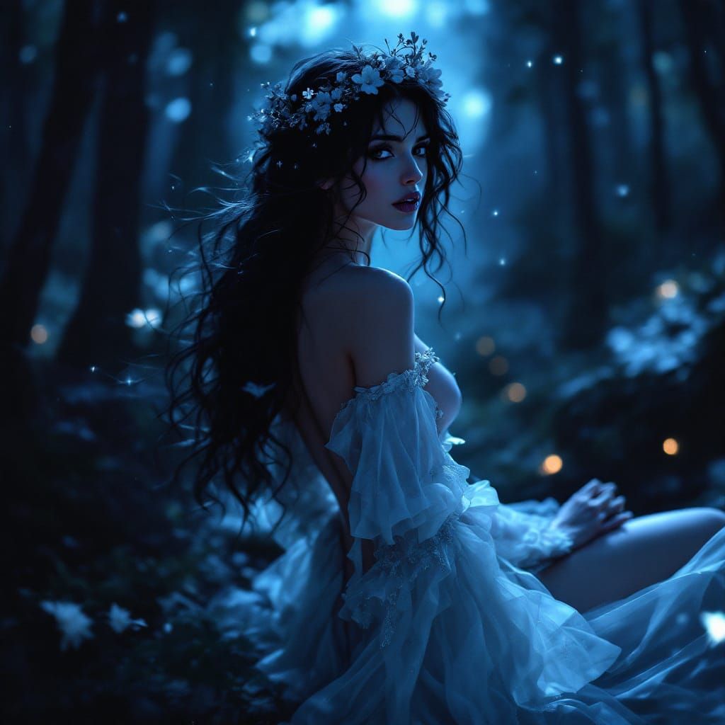 Beautiful Goth Woman in Flower Crown at Night
