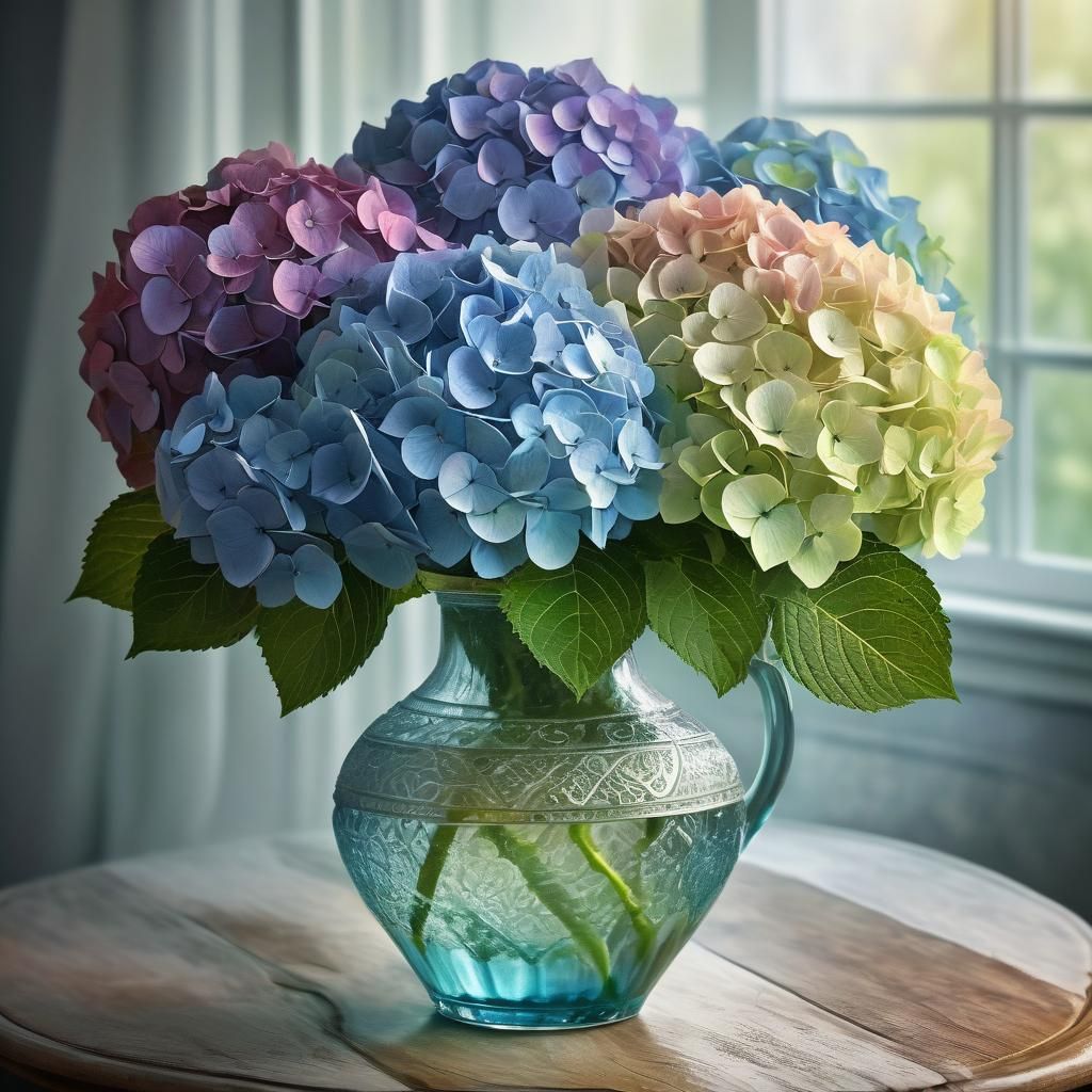 Digital Floral Masterpiece: Vibrant Hydrangeas in Elegant Ar...