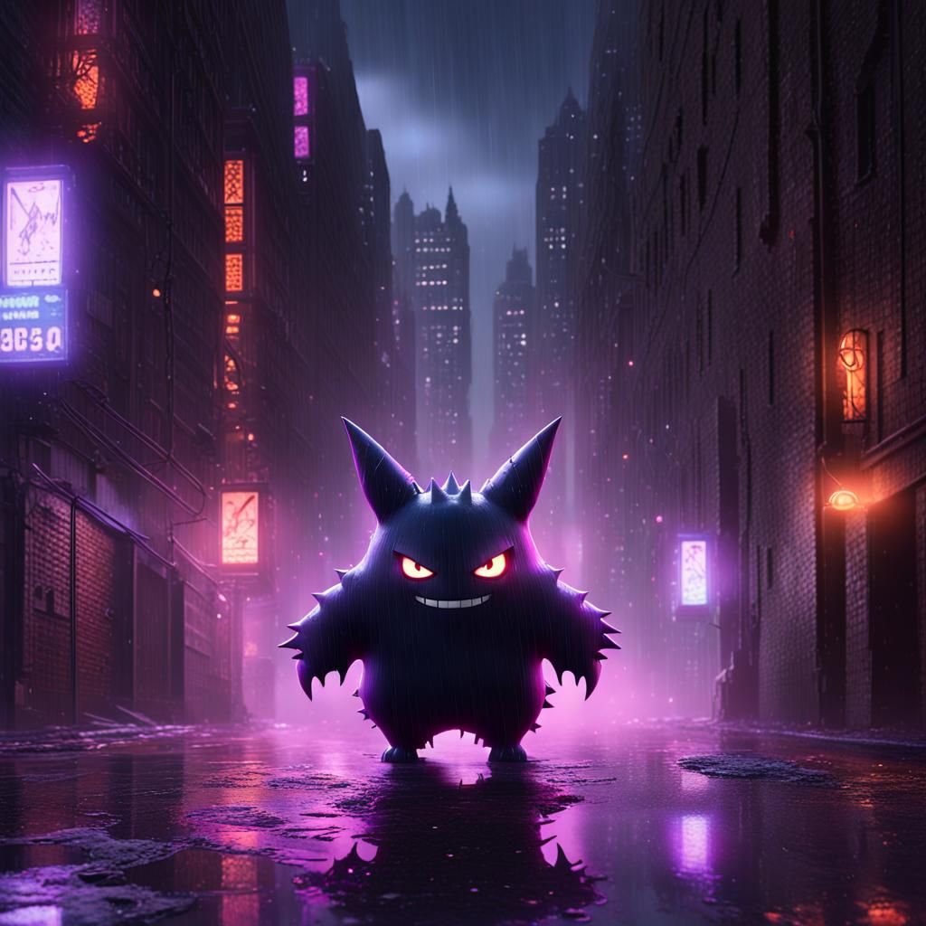 Glowing-Eyed Gengar Looms Over Dark City Alley