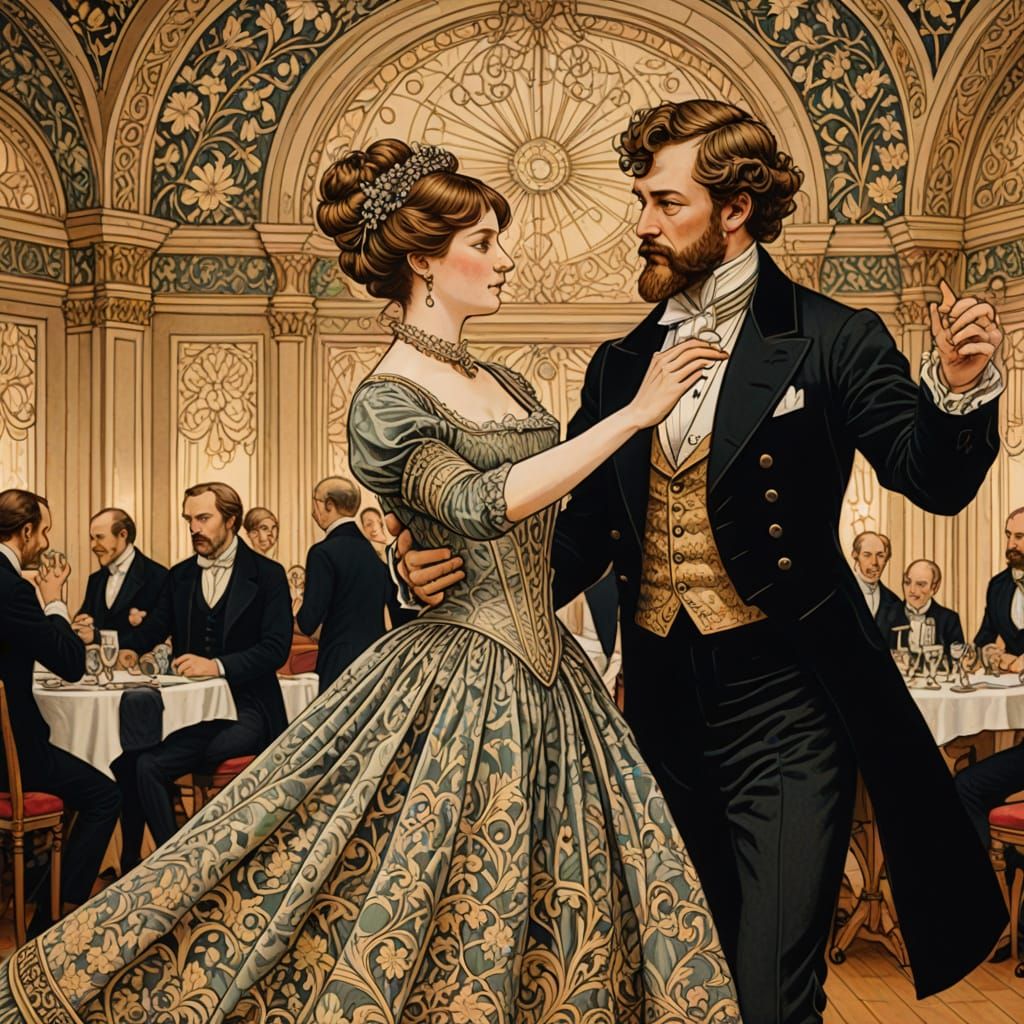 Regency Earl and Lady Dancing: Ink Drawing in Art Nouveau St...