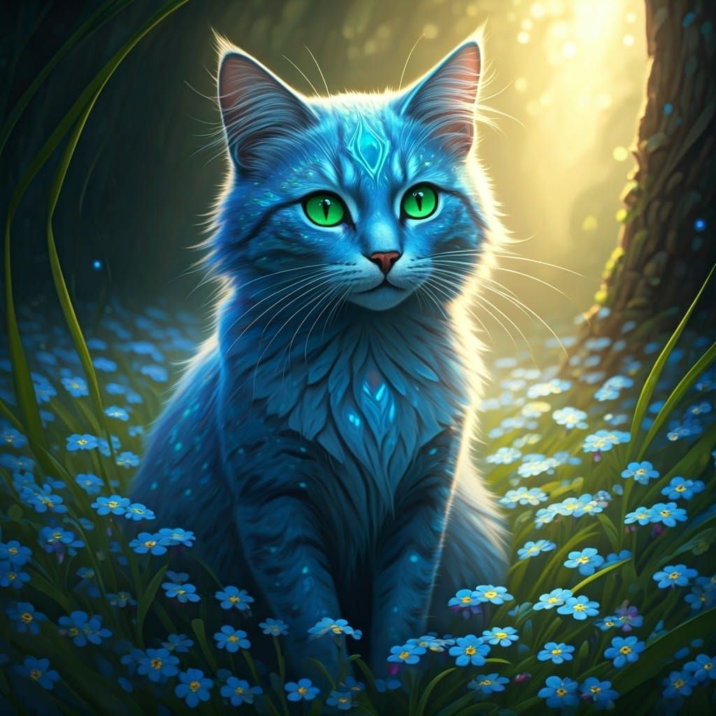 Blue Iridescent Cat in Lush Meadow, Dreamlike Art