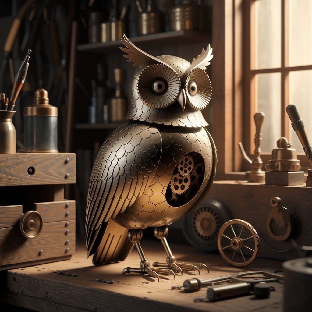 Vintage-Inspired Mechanical Owl Illuminated by Soft Sunlight