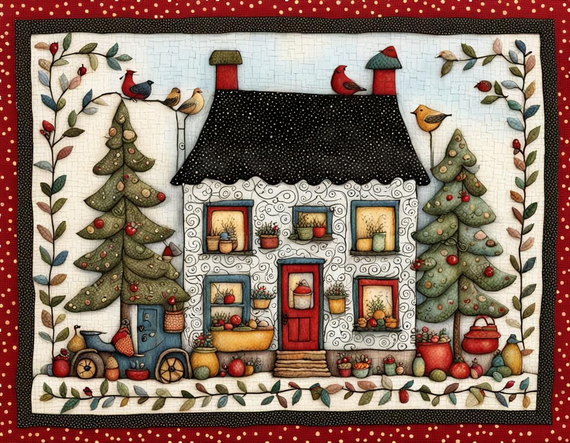 Intricate Cozy Home Scene in Folk Art Style