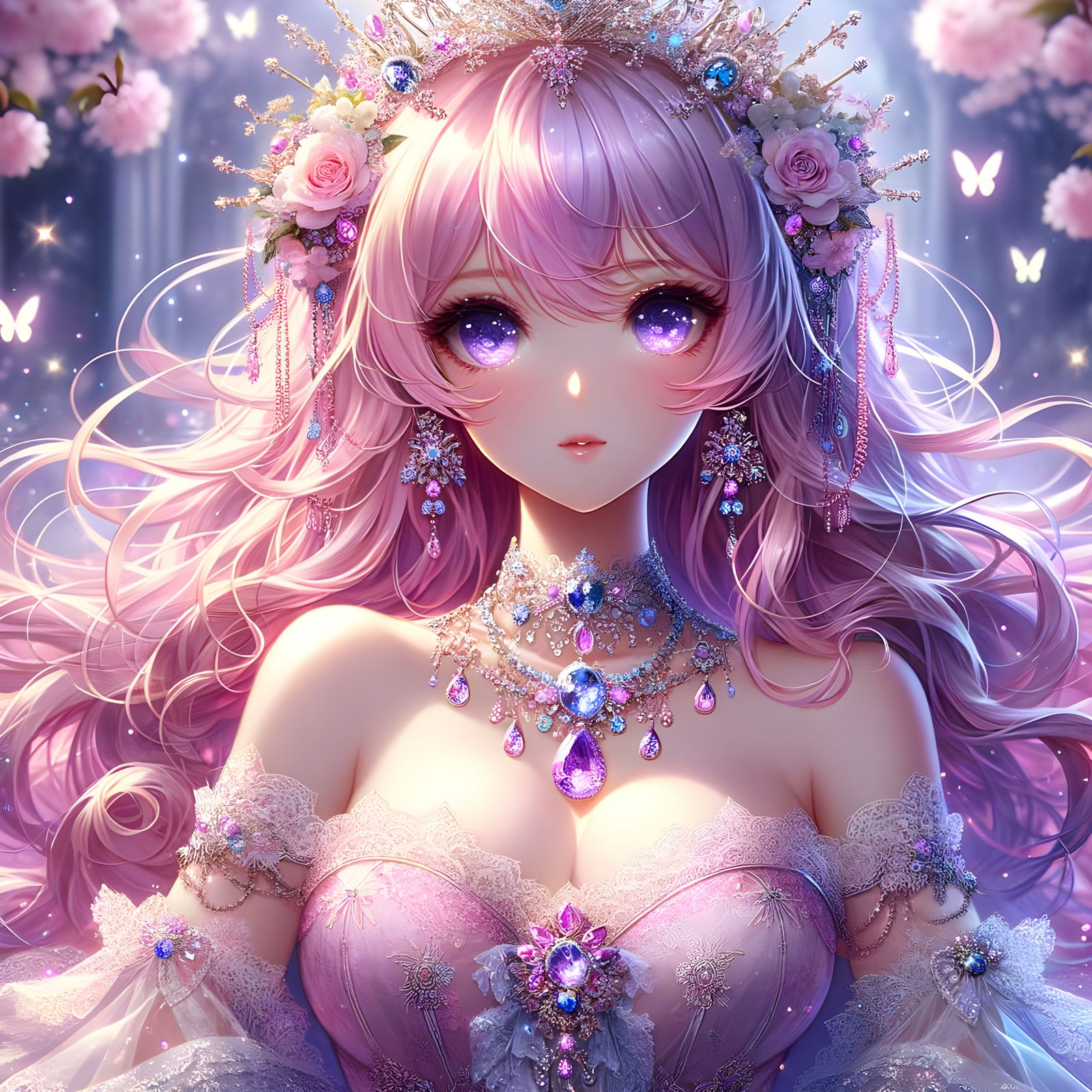 anime princess with long, flowing wearing an elegant, shimmering gown adorne...