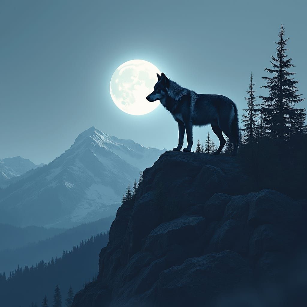 Wolf in Moonlit Landscape