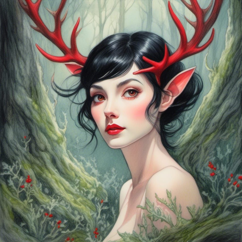 Whimsical Pencil Sketch of Woman with Antlers