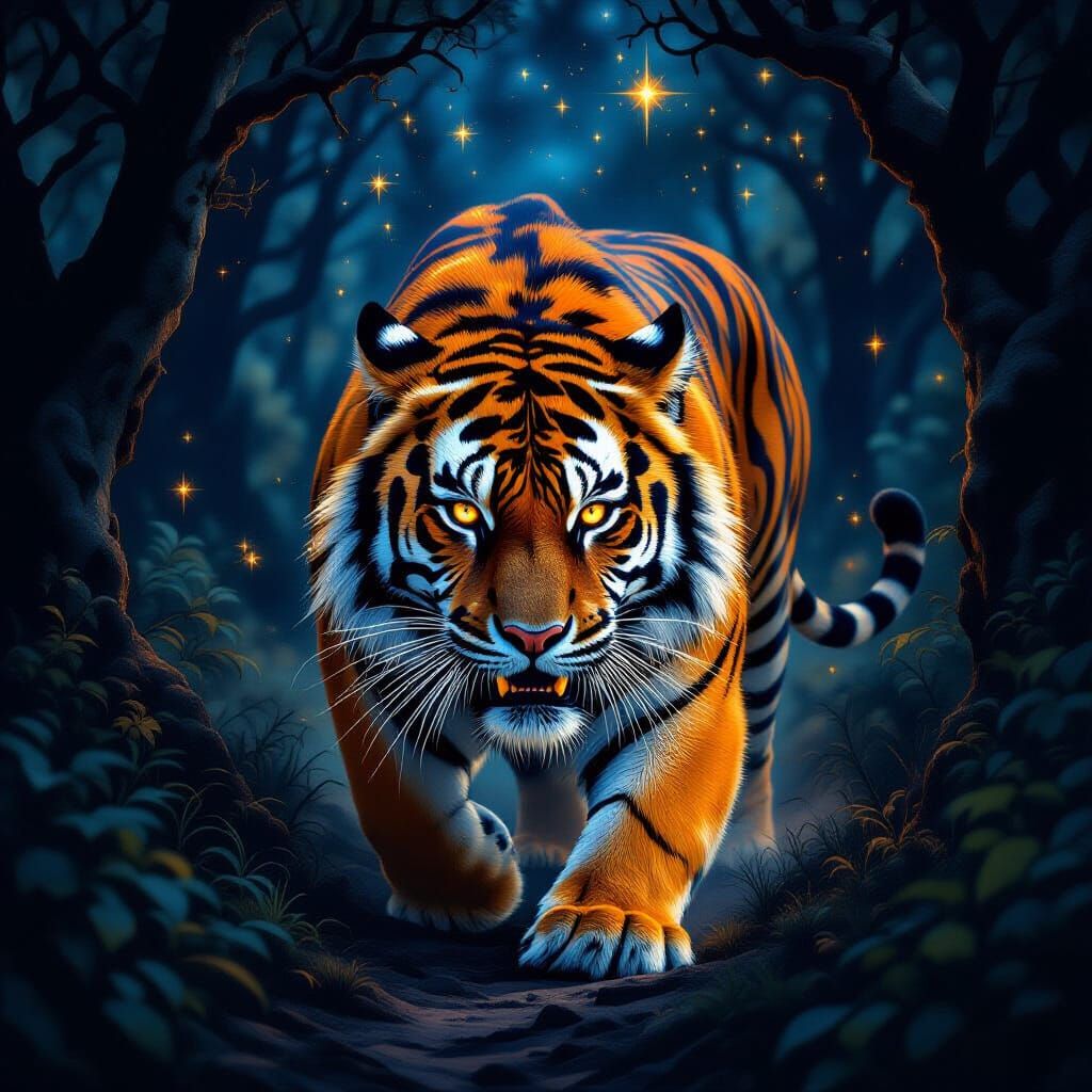 Fierce Tiger in Ancient Forest, Romantic Painterly Style