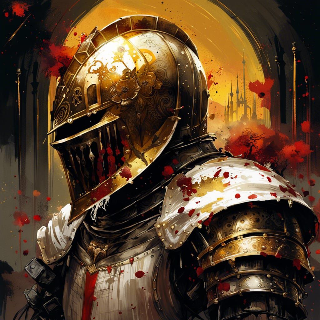 Gothic Knight in Blood Rose Field, Gouache Style