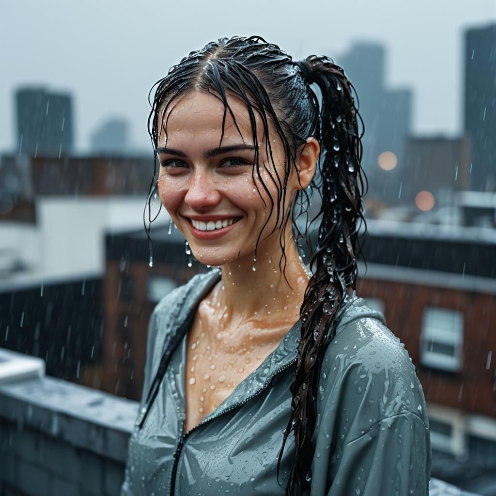 Young Woman Smiling in the Rain: Cinematic Photography