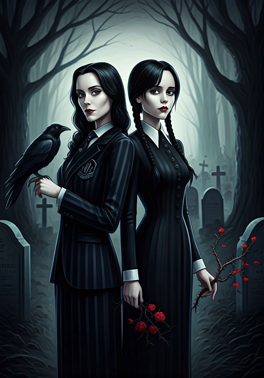 Wednesday and Morticia Addams in Gothic Cemetery Illustratio...