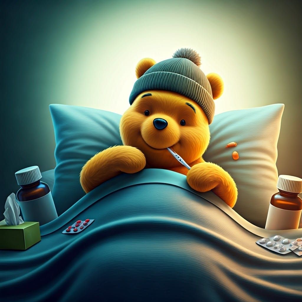 Pooh Bear Sick in Bed, 3D Animated Style