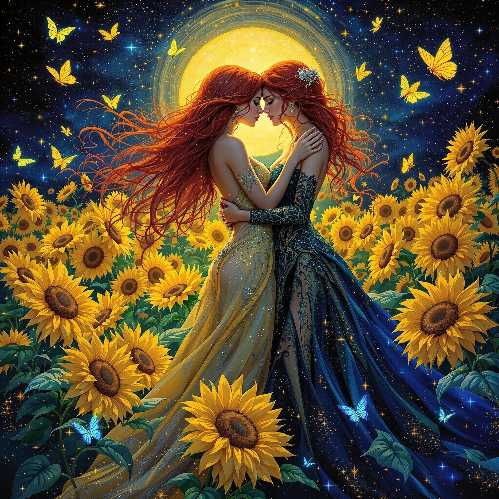 Elegant Women Kissing in Neon Sunflower Garden