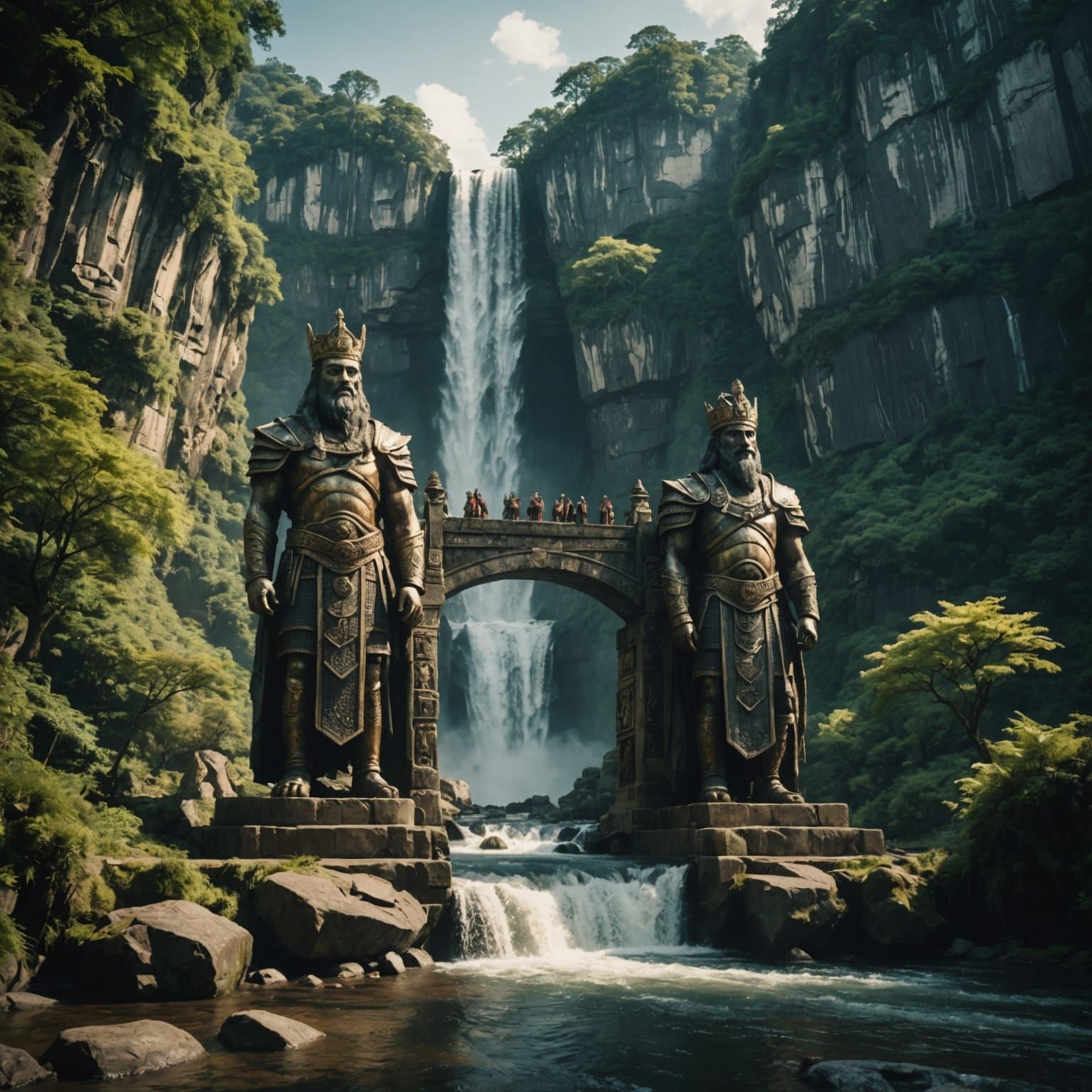 Epic Statues Bridge Near Waterfall: Cinematic Still