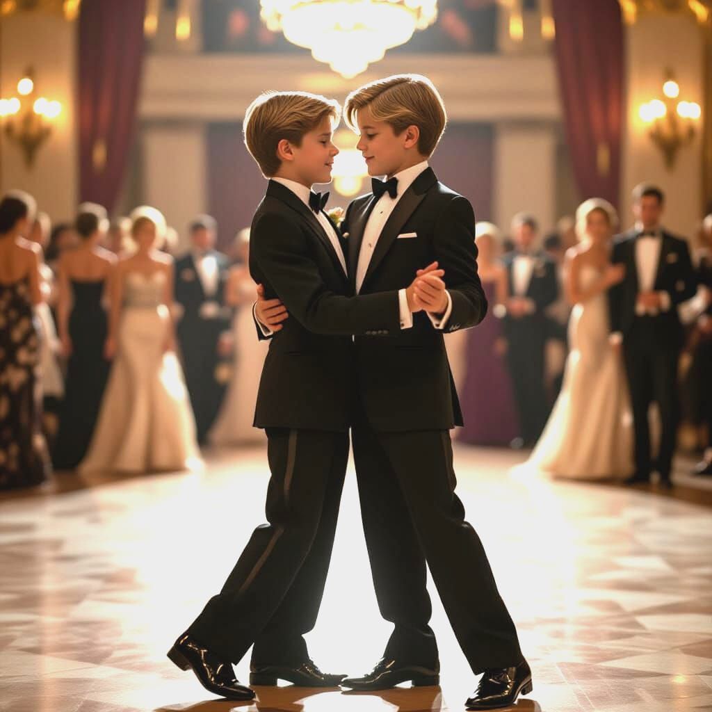 Teenage Boys Dancing Cheek to Cheek in Ballroom
