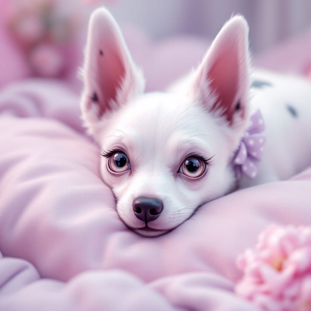Whimsical White Dog in Pastel Hues with Gothic Accents