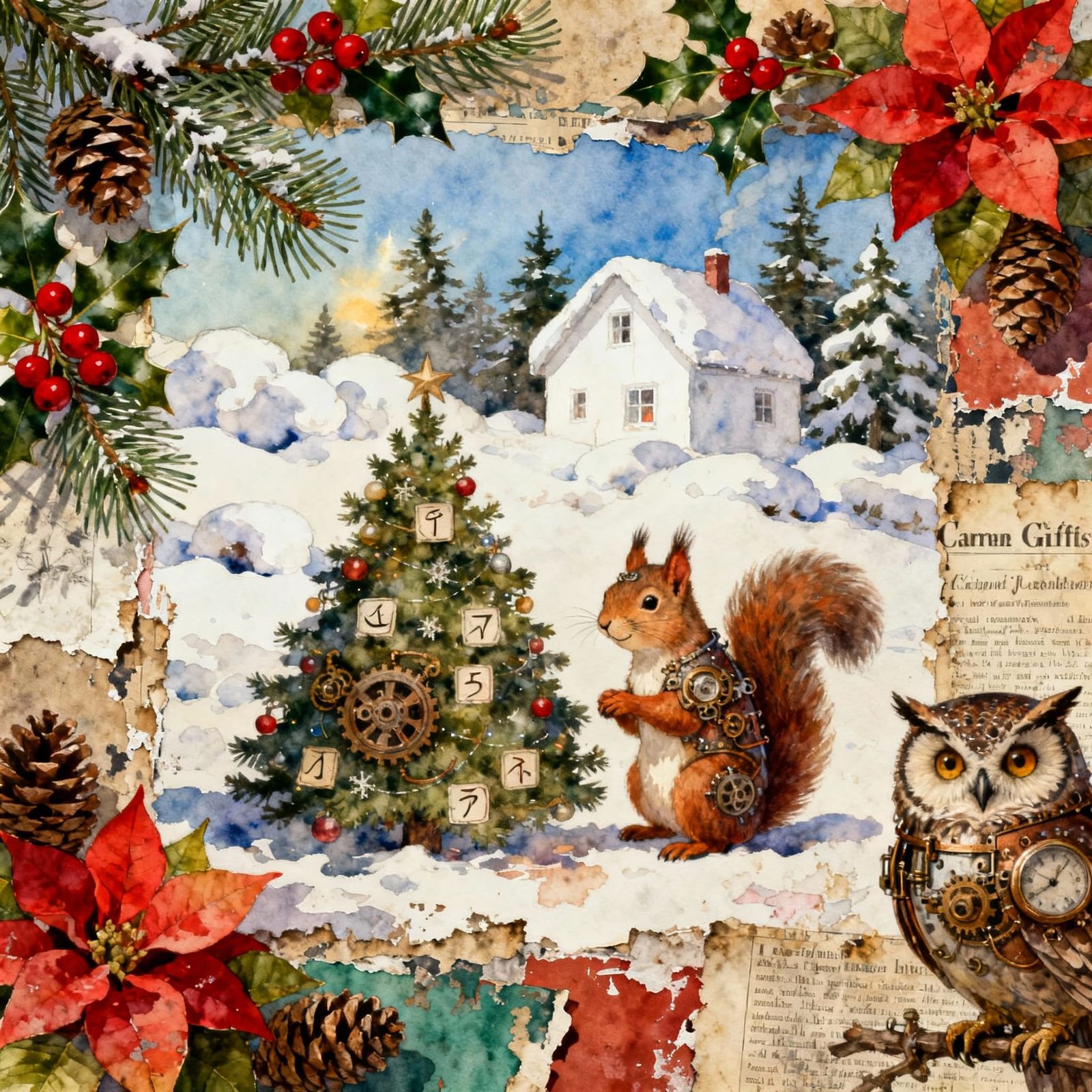 Steampunk Christmas Scene with Whimsical Creatures