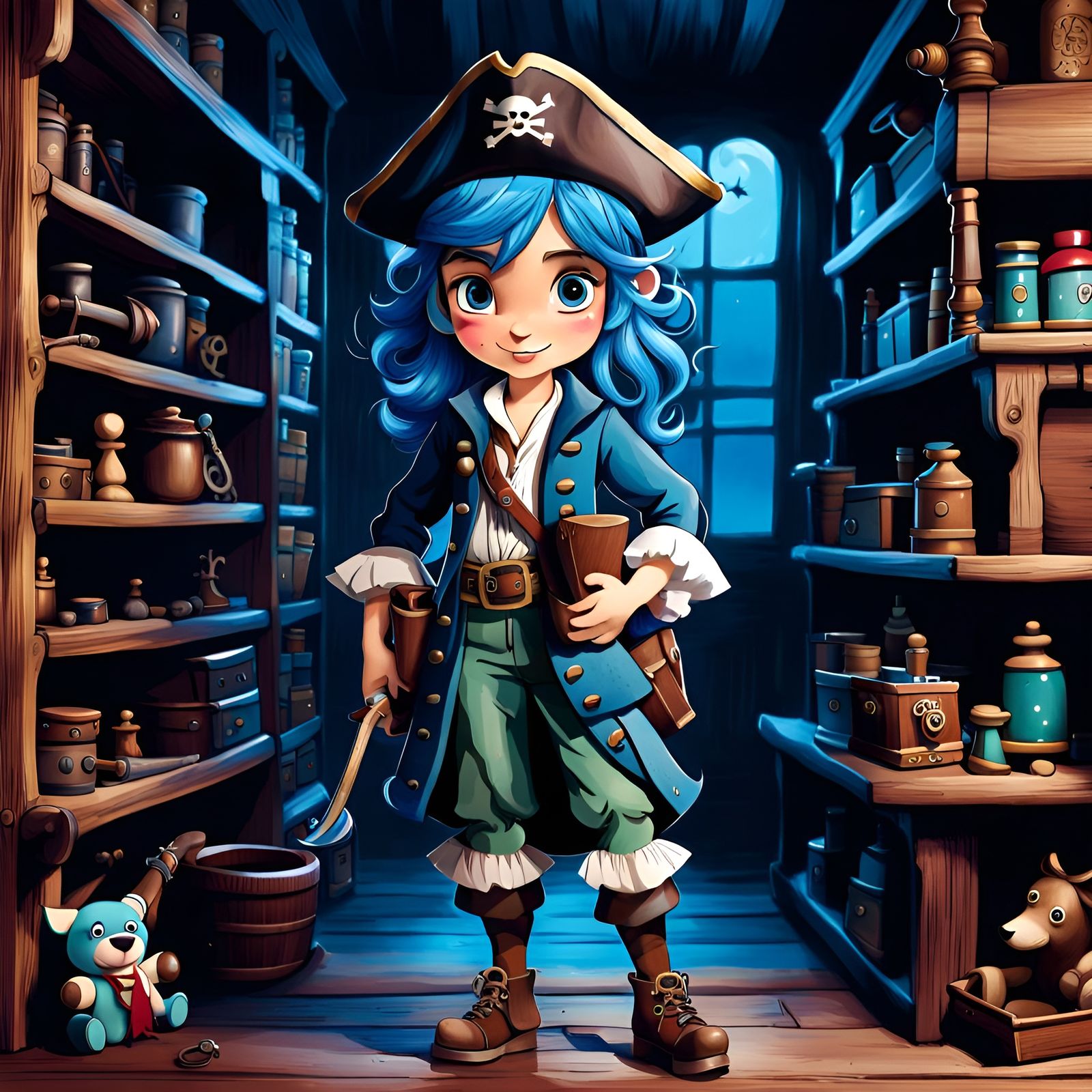 Charming Blue Hair Pirate Girl Ink Cartoon