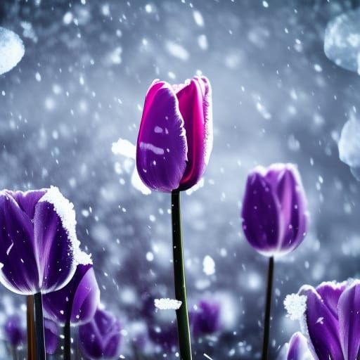 Purple Tulips in Snow: Golden Hour Maximalism