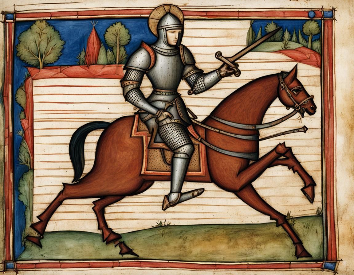 Medieval Knight on Horseback Manuscript Illustration