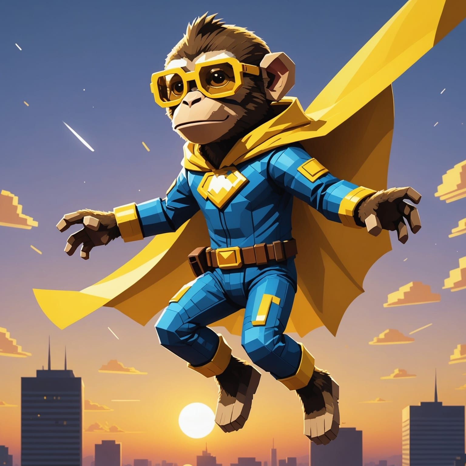 Pixelated Monkey Superhero Flies at Dusk