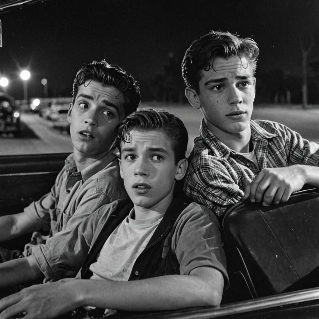 Teen Boys Watching Scary Movie at 1950s Drive-In