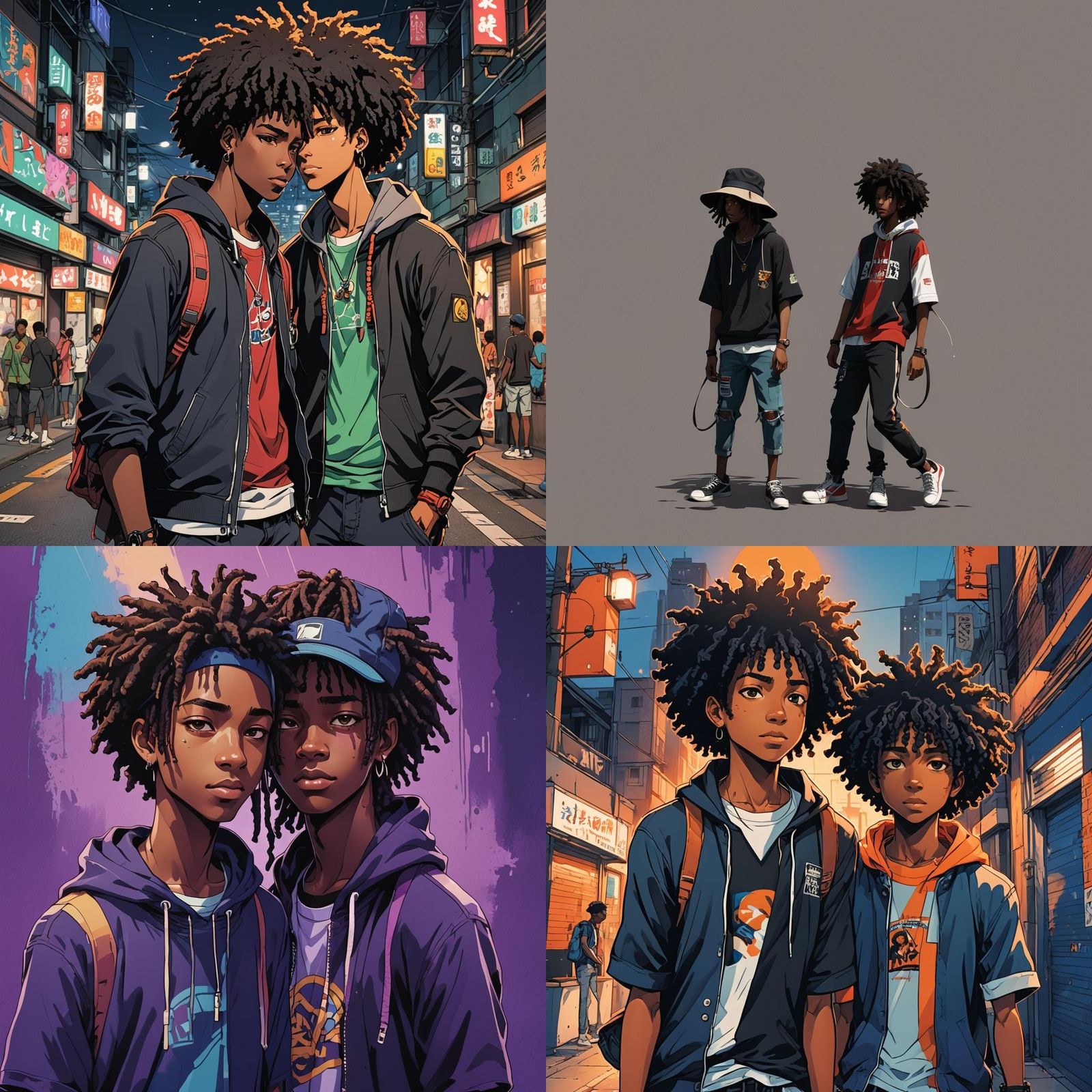 Teenage Boys with Afro and Dreads in Anime Style