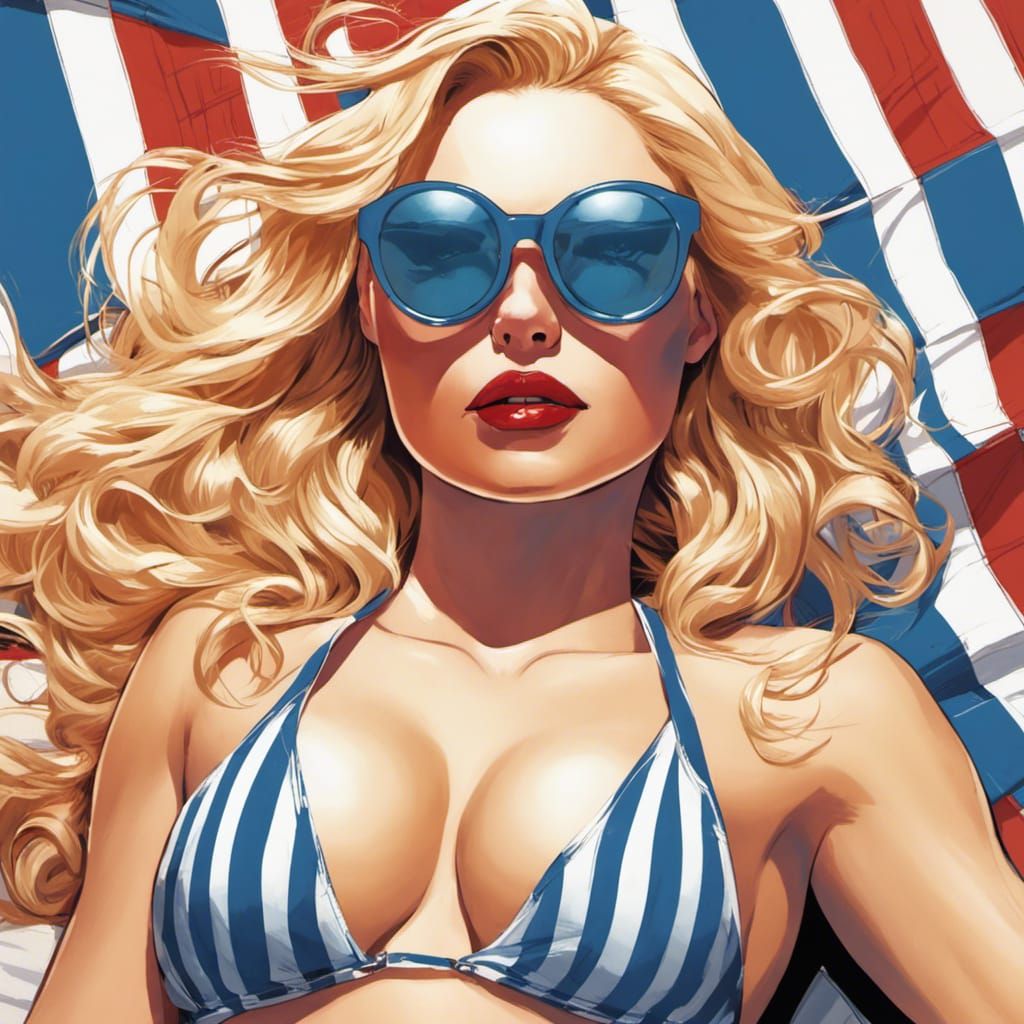 Blonde Woman Sunbathing on Beach in Comic Book Style