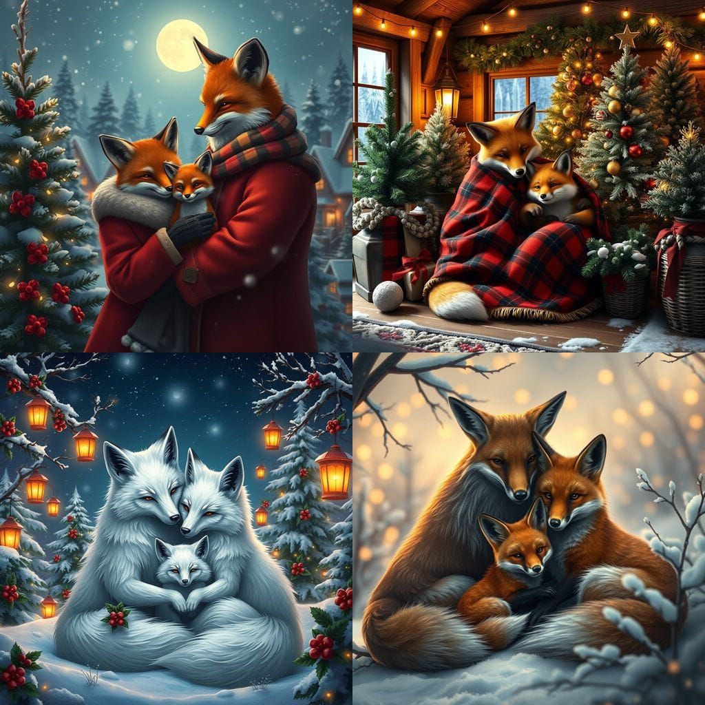 Winter Wonderland Fox Family in Fantastical Christmas Scene