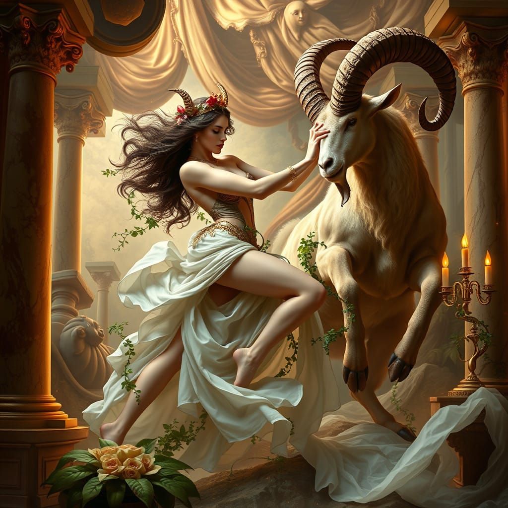 Sensual Bacchante Battles Ornate Goat Amidst Rococo Splendor