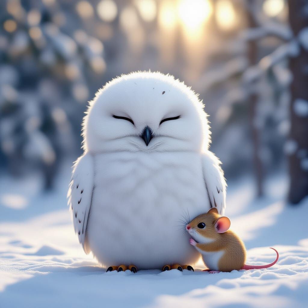 Fluffy Snow Owl With Mouse in Winter Forest