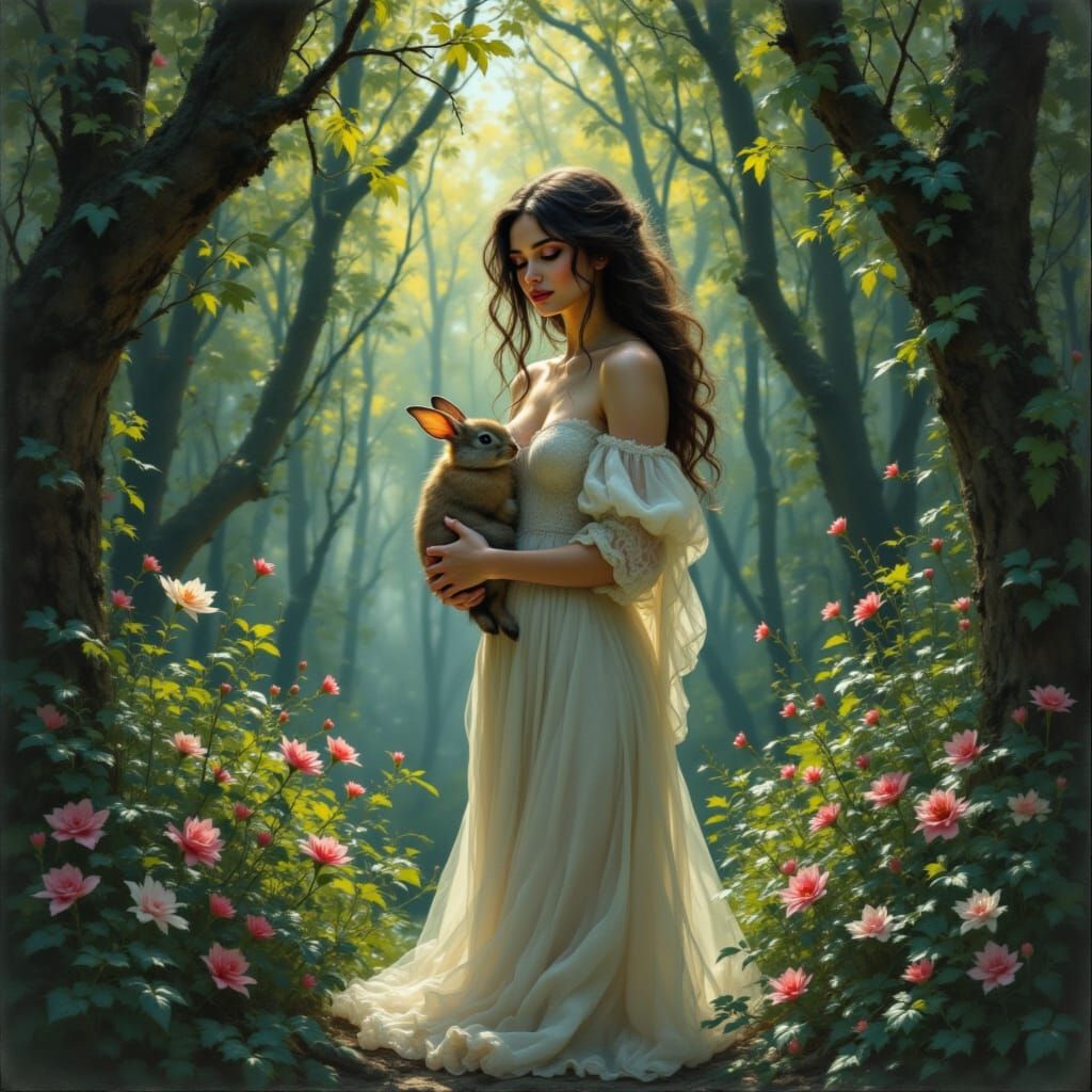Enchanting Forest Lady with Rabbit in Impressionist Style