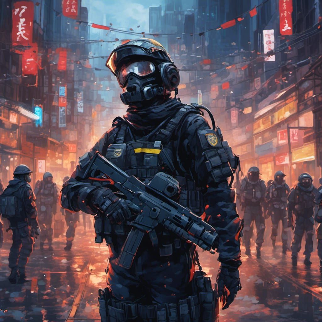 Cop in Riot Gear in Dystopian Anime Style
